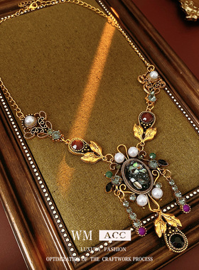 2025中古vintage树脂镶钻贝壳椭圆形珍珠项链轻奢精致毛衣链项饰