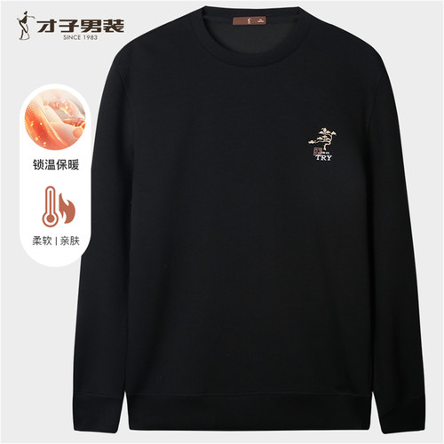 才子男装黑色套头卫衣男2025春季新款中国风刺绣宽松休闲圆领上衣 - 图0