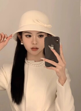 羊毛呢渔夫帽女秋冬法式复古赫本风留洋千金帽气质名媛白色礼帽子