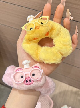 可爱小黄鸡粉猪猪眼镜厨师帽发圈卡通玩偶头绳高弹力百搭发圈发饰