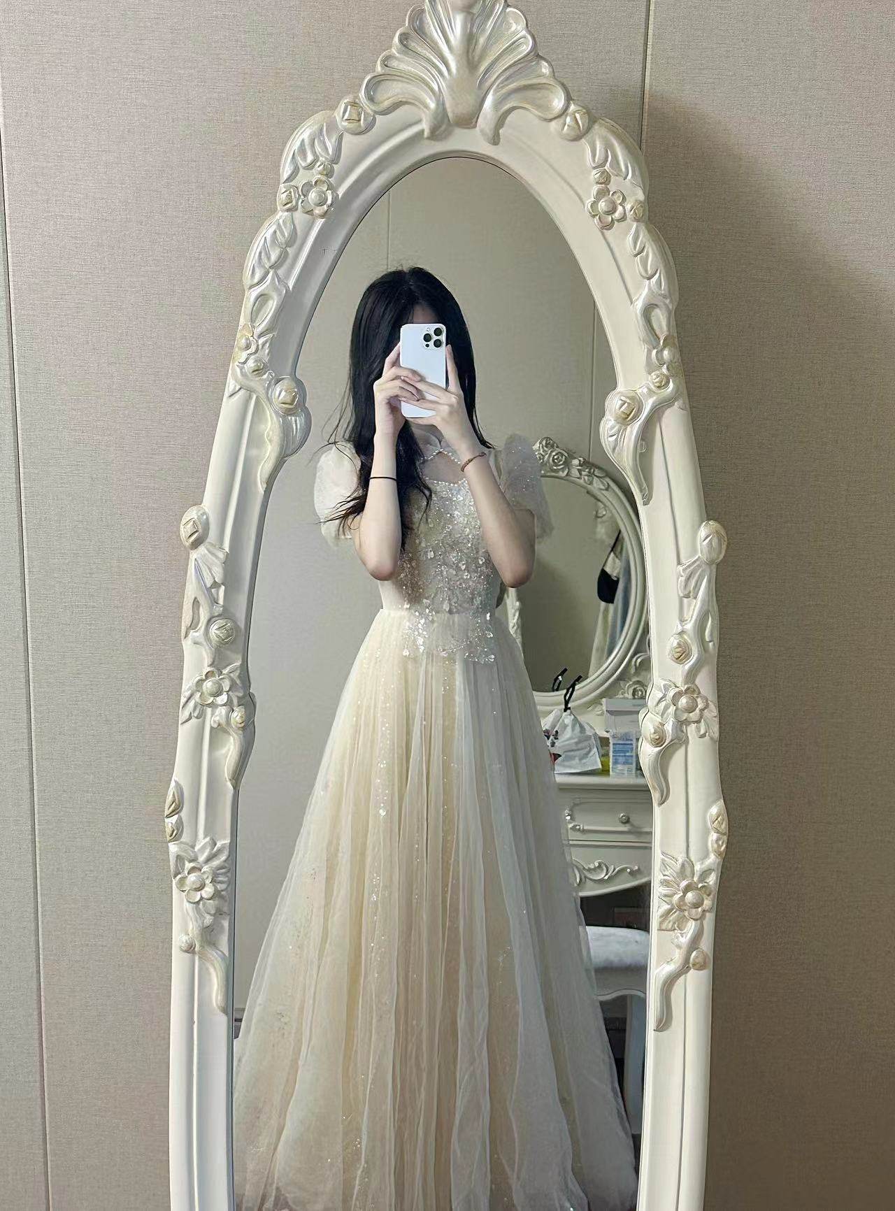 2023新款香槟色轻奢气质年会主持人旗袍领显瘦宴会成人礼晚礼服