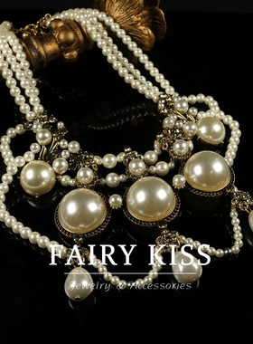 vintage重工复古项链多层珍珠链