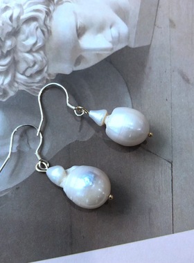 经典巴洛克珍珠银钩耳环短款电镀