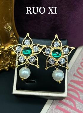 饰品vintage西洋法式玻璃珍珠耳