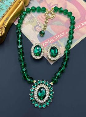 vintage水晶玻璃珠祖母绿几何夏