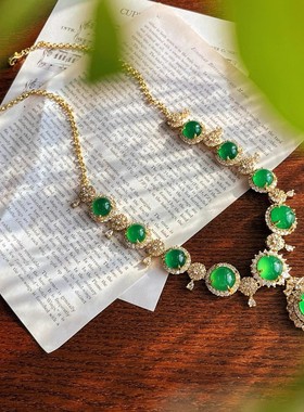 锁骨链奢华镀金豪镶天然绿玉项链