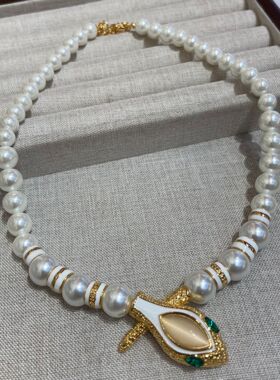 中古风高亮珍珠蛇形项链镶水晶钻