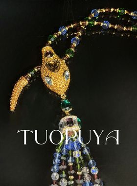 复古精致蛇头镶彩钻长款项链大气