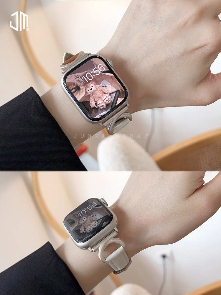 JUNMI小蛮腰双色真皮表带适用于苹果手表iwatch78s9细款表带apple watch654321se代Ultra小众设计女款牛角扣 - 图1