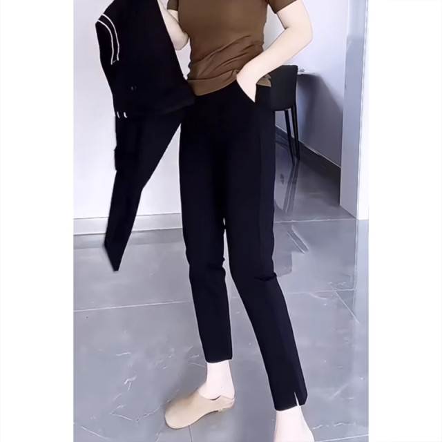 Pear-shaped body black cigarette pants for women new spring high-waist pencil pants large size stretch nine-point foot pants
