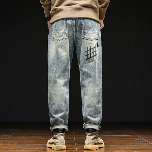 美式重工刺绣小直筒牛仔裤男士高街潮牌宽松休闲潮流百搭长裤春秋 - 图3