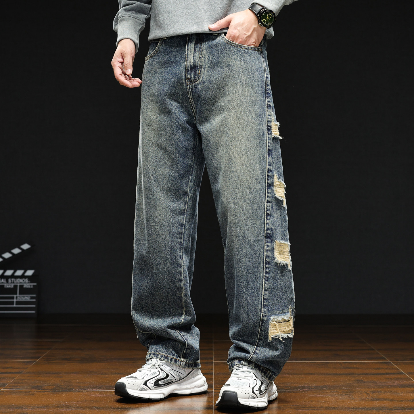 2025秋冬新款重磅美式破洞贴布牛仔裤男宽松直筒潮牌拼接设计长裤,淘宝优惠券,粉丝福利购,淘宝优惠卷