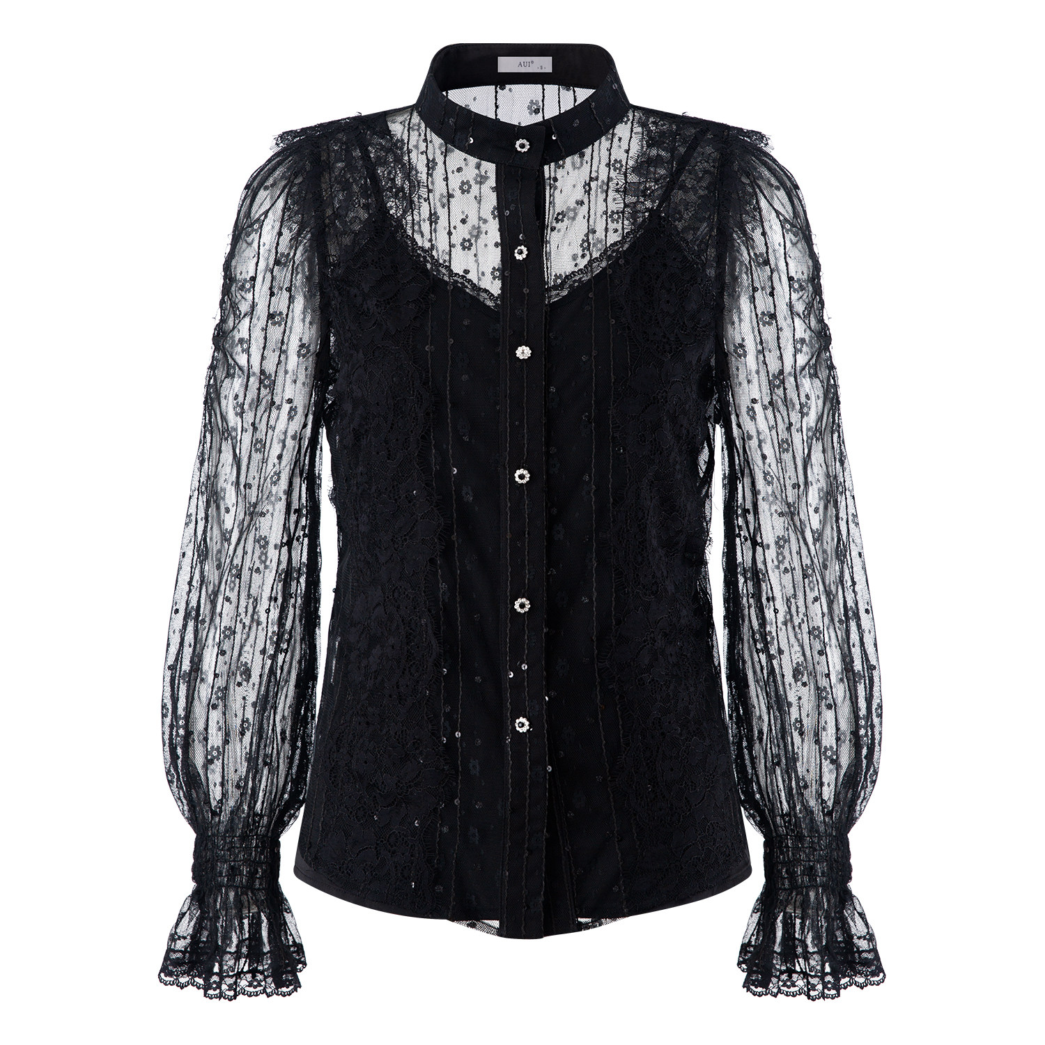 aui黑色小众设计立领2022蕾丝衫 aui蕾丝衫/雪纺衫