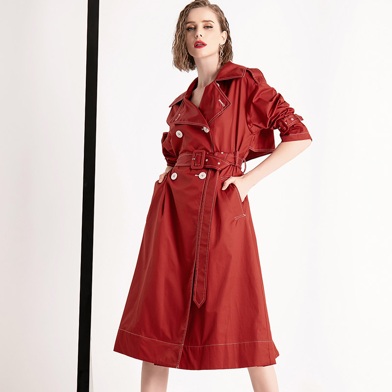 aui欧洲站红色中长款2019春秋风衣 aui风衣