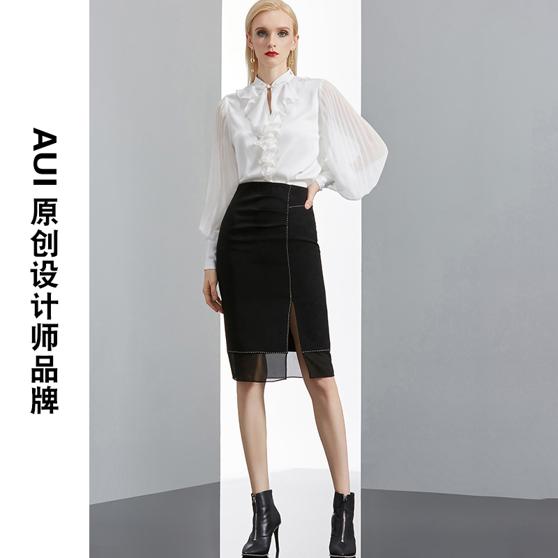 aui白色荷叶边灯笼长袖女春衬衫 aui衬衫