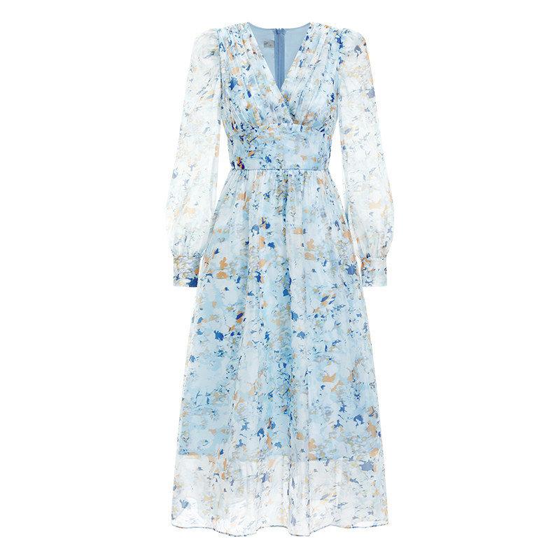 aui法式温柔风雪纺长袖2022大摆裙 aui连衣裙