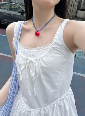 蓝色串珠脖子链番茄吊坠可爱项链