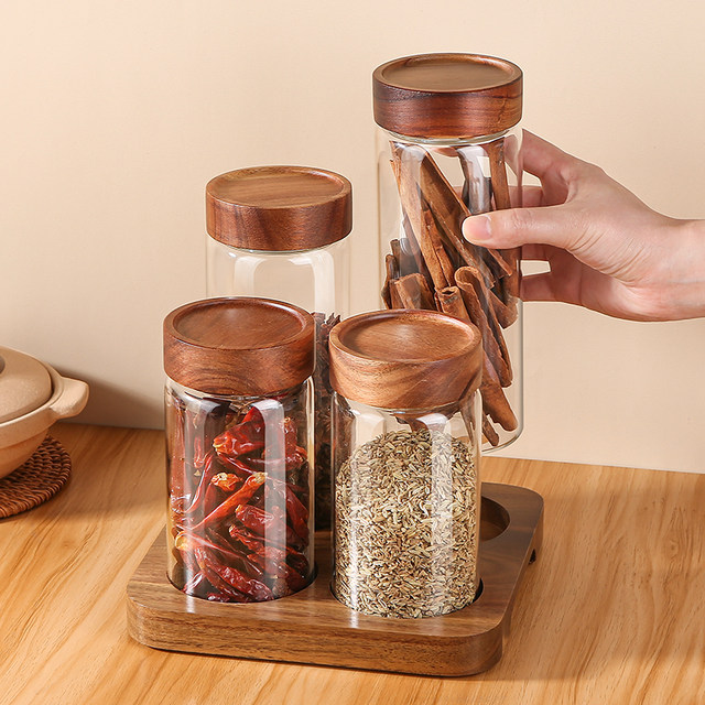 Acacia Wood Spice Can Set Glass Sealed Can