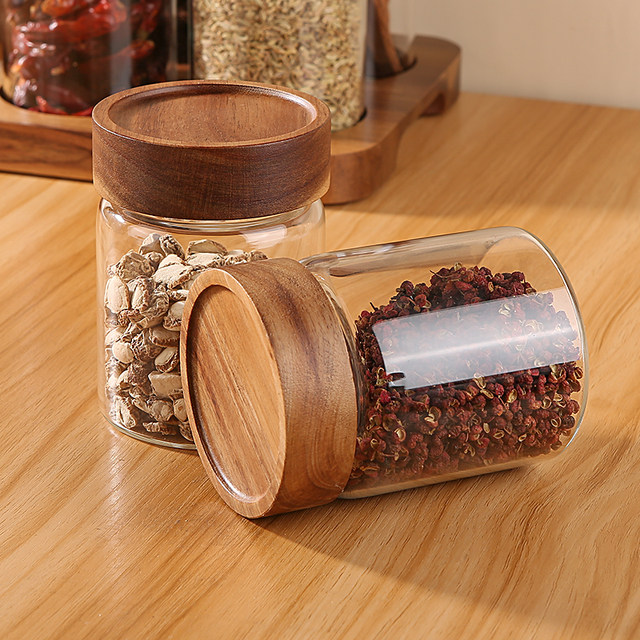 Acacia Wood Spice Can Set Glass Sealed Can