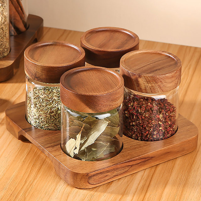 Acacia Wood Spice Can Set Glass Sealed Can