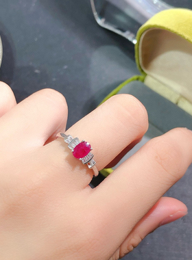 天然老烧红宝石戒指，晶体全净火彩爆闪，S925银精工镶嵌4*6mm