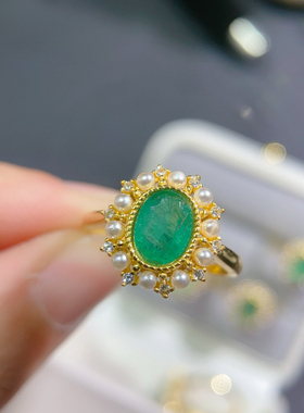 天然祖母绿戒指女银镀18k金镶嵌钻石复古宫廷风时尚个性指环