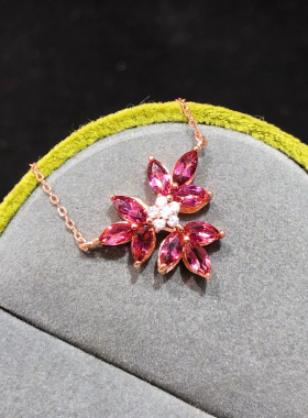 s925银镀金镶嵌天然红碧玺吊坠项链锁骨链时尚百搭送女友礼物