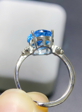 超闪伦敦蓝天然托帕石戒指女S925纯银镶嵌宝石蓝现货活口