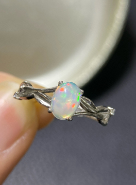 高货天然欧珀开口戒传说中五彩斑斓的白925纯银主石