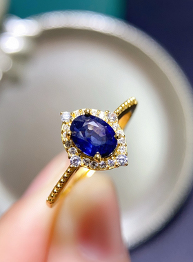 银饰戒指天然蓝宝石戒指5*7mm时尚简约百搭日韩清新戒托女代镶嵌