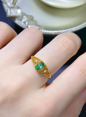 纯银镶嵌天然祖母绿戒指女银镀18k金镶嵌钻石时尚个性小众设计感