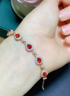 s925纯银镶嵌天然红色蓝宝石手链手饰时尚轻奢气质手链