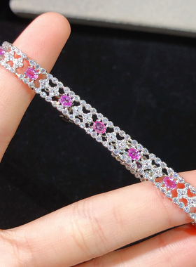 银镶天然粉色蓝宝石手链 手排粉蓝宝宝石大气漂亮 石尺寸3*4mm
