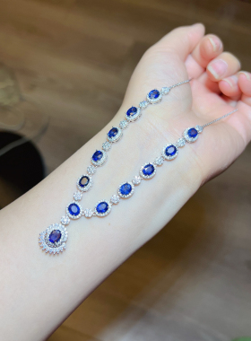 天然蓝宝石项链女款镶嵌钻石彩宝吊坠锁骨链时尚百搭送女友