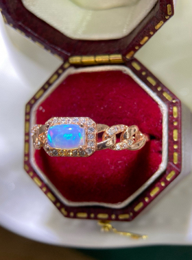 925银戒指镶嵌天然欧泊长方形4*6MM女款戒指银托 指圈可调节