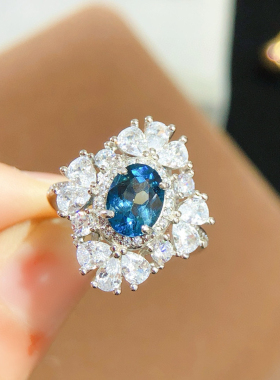 特惠新款天然伦敦蓝托帕石戒指925银镀金开口戒指6*8 mm