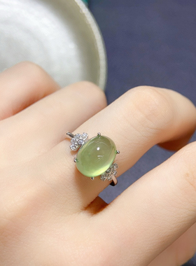 天然金葡萄石戒指 冰种起荧光晶体干净925银精工镶嵌主石9*11mm