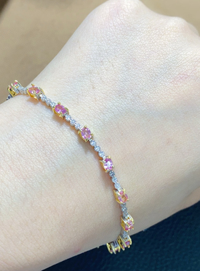 帕帕啦恰粉色蓝宝石手链满火彩主石3*4mm925银电镀白金厚重用银