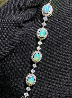 纯天然澳宝欧泊手链 晶体干净满满的火彩主石4*5mmS925银精工镶嵌