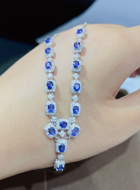 新款天然蓝宝石项链 S925银精工镶嵌主石尺寸3*4MM