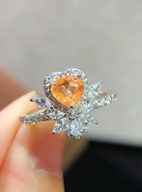银镶天然芬达石戒指天然宝石镶嵌爱心鲜橙色复古暖阳色围钻戒指