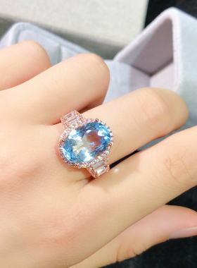 天然蓝托帕石戒指颜色浓郁满火彩主石10*14mm925银活口镶嵌