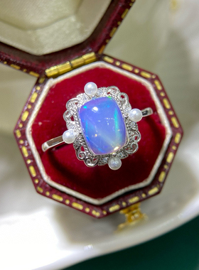 天然炫彩欧泊戒指女s925纯银镀18k金镶嵌活口轻奢小众ins指环礼物