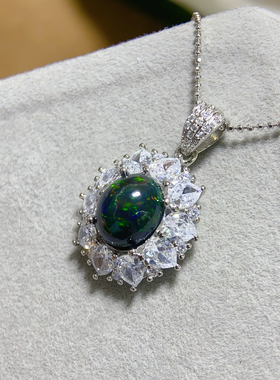 纯天然炫彩黑欧泊吊坠项链坠订做 18K金配镶钻石彩色宝石彩宝珠宝