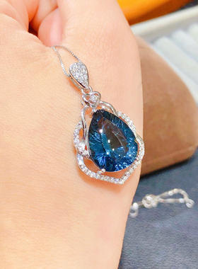 纯天然伦敦蓝蓝托帕石吊坠！颜色超深的伦敦蓝，全净体，火彩超赞