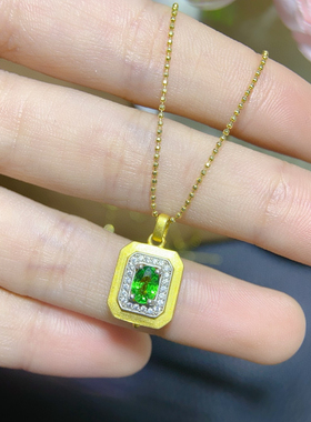 s925银镀金镶嵌天然沙弗来吊坠项链锁骨链时尚百搭女款