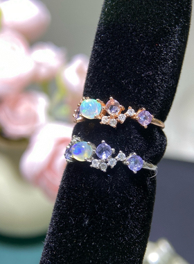 新款天然欧泊戒指925银K金工艺精工镶嵌3*4MM开口可调节