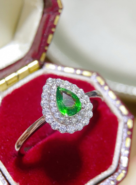 天然沙弗来戒指绿色宝石指环活口925白金玫瑰金黄金色清新水滴款