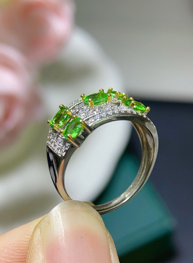 s925银戒指天然沙弗来椭圆形3*4mm时尚百搭镶嵌沙弗来