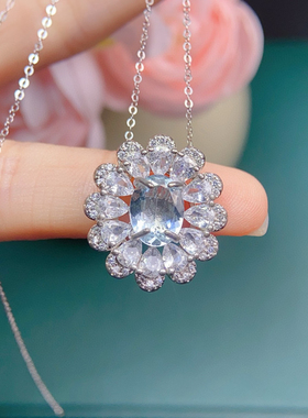 花朵项链满钻花瓣S925纯银电镀不掉色气质优雅超闪海蓝宝大气